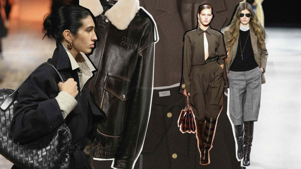 Fashion models showcasing wool leather gold texture fashion in a chic runway setting.
