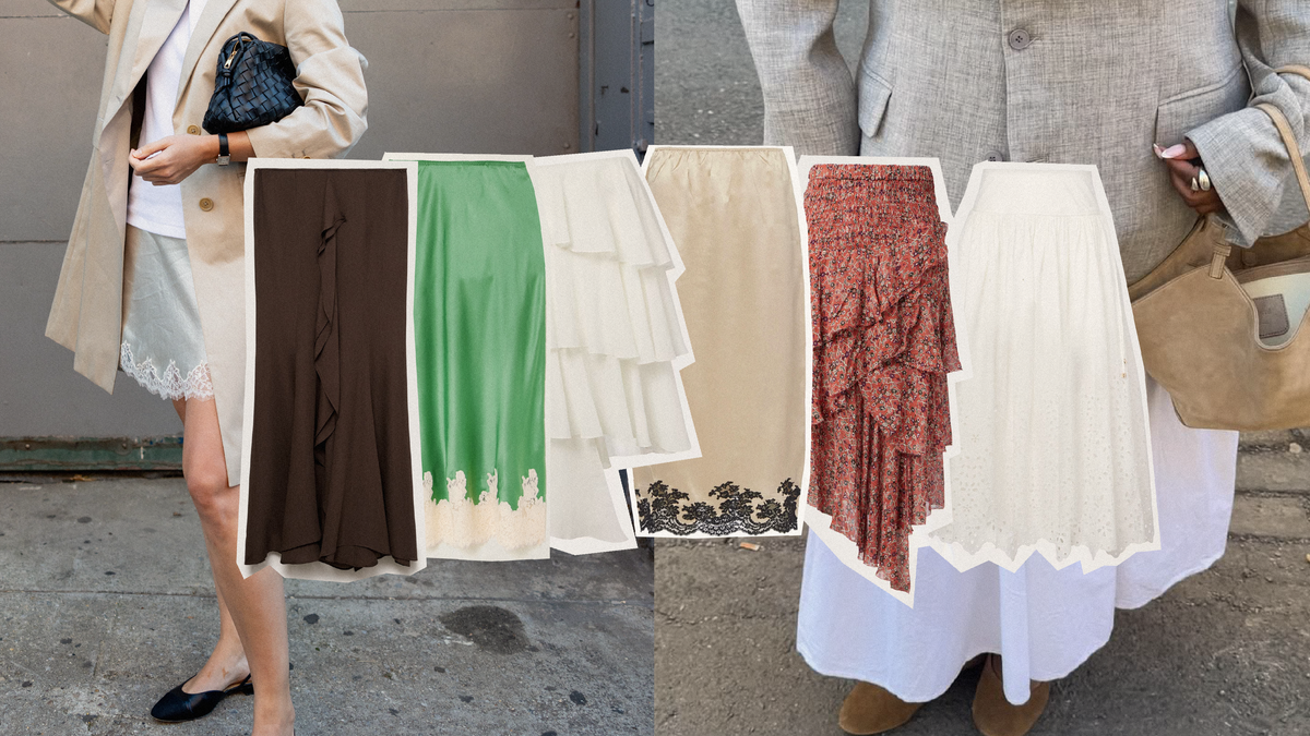 Summer 2025 skirt trends featuring various styles and textures including bohemian and minimalist designs.