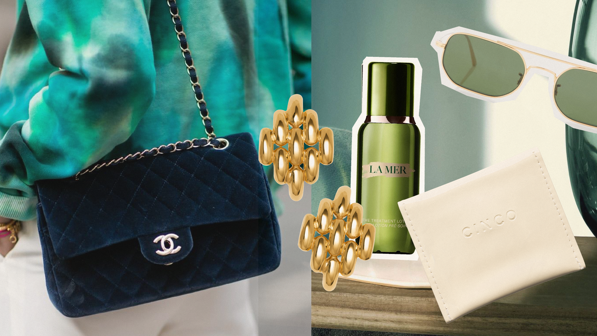 A summer evening dinner bag paired with luxury skincare and stylish accessories for a chic dinner date look.