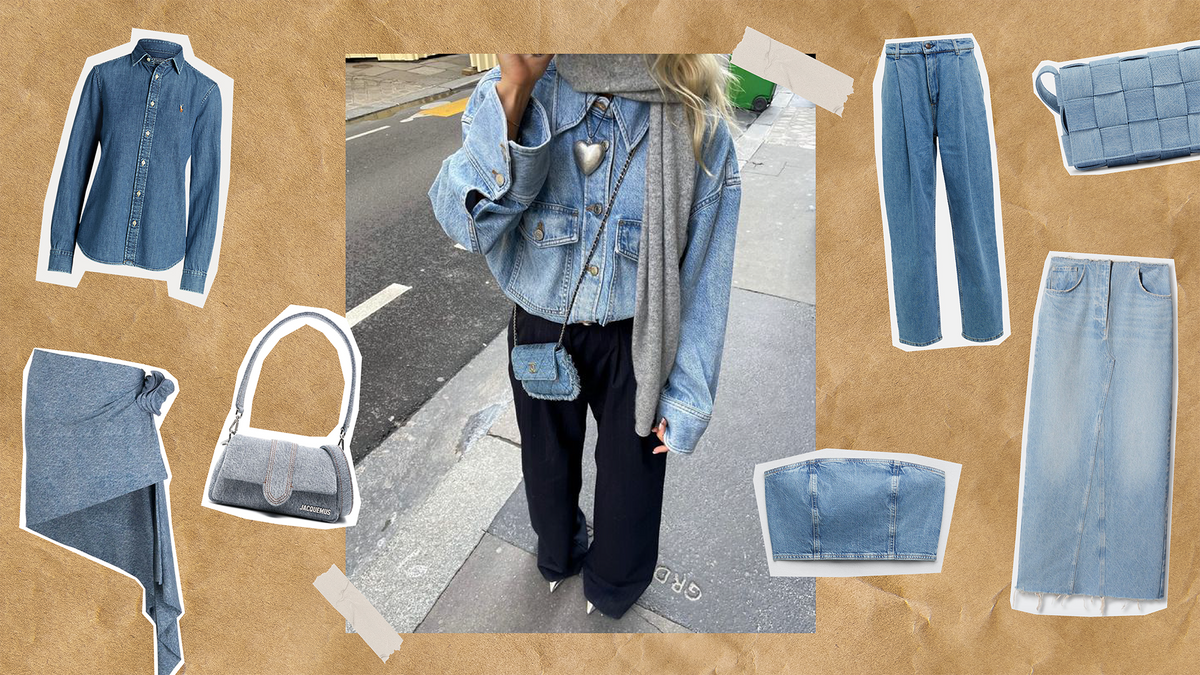 Stylish denim on denim fashion tips featuring a model in layered denim outfits and accessories.