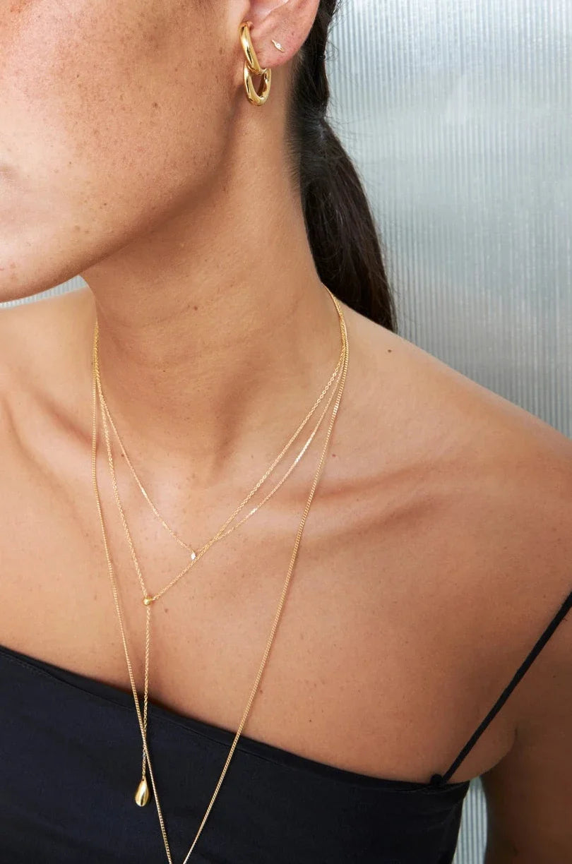 Elegant layered gold necklaces and hoop earrings for jewelry gifts for Black Friday.