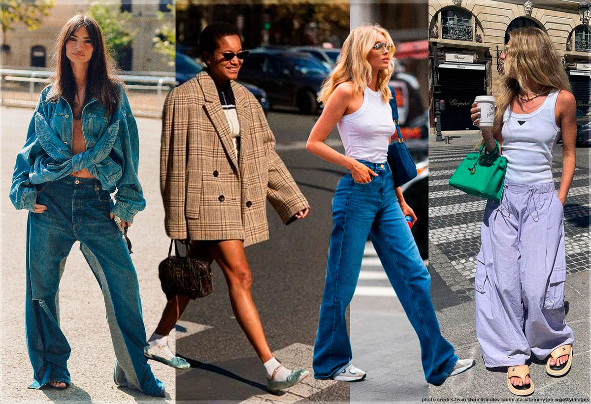 Four stylish outfits showcasing classic spring minimalist wardrobe essentials in versatile denim and relaxed silhouettes.