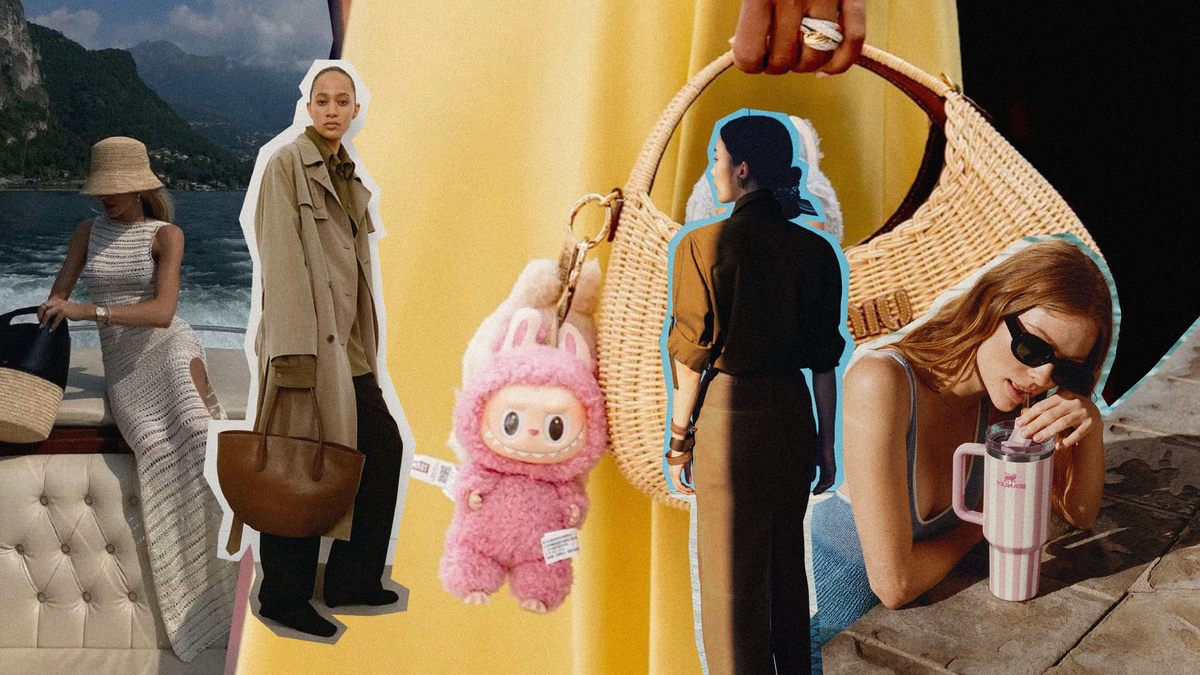 Fashion trends collapse analysis showcasing diverse styles, bags, and accessories in vibrant outdoor settings.