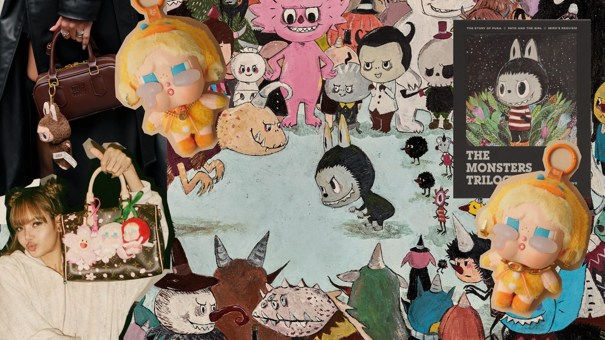 Pop Mart Labubu collectibles displayed with colorful characters and a stylish handbag.