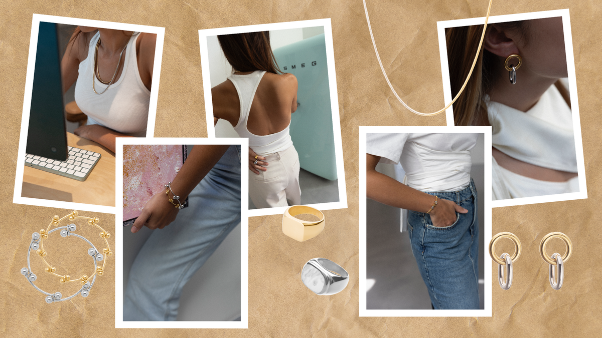 A stylish display of mixing metals jewelry trend featuring gold and silver pieces worn in various outfits.