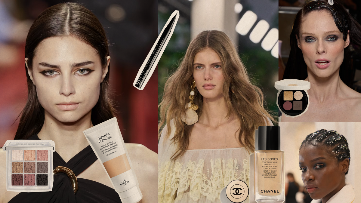 Spring 2025 makeup trends showcasing bold eye looks and natural skin tones on diverse models.