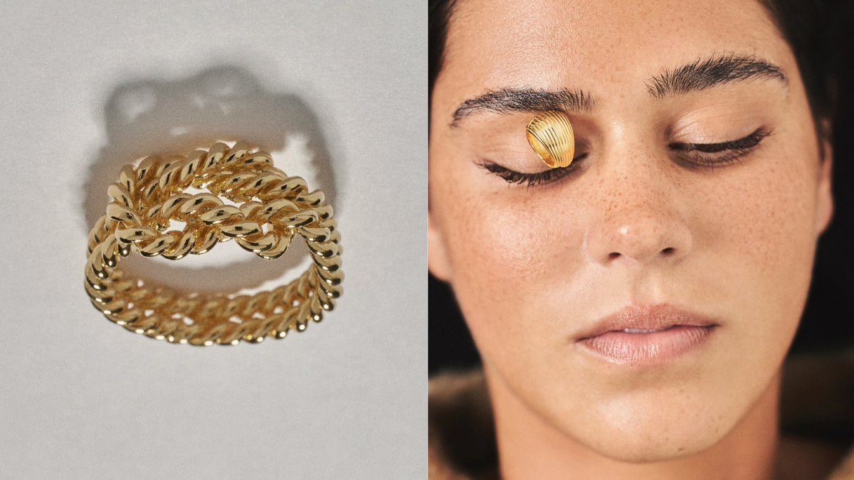 Fine jewelry care guide featuring a gold ring and a model with a gold accessory on her brow.