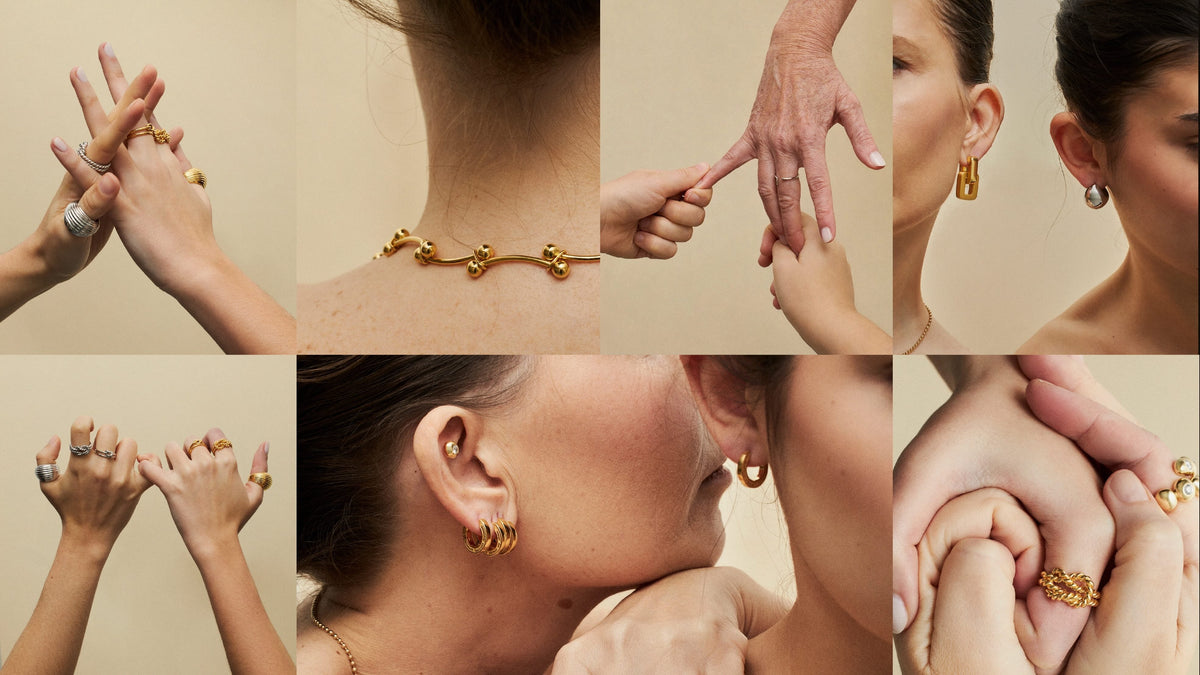 Mother's Day jewelry gifts Europe featuring elegant rings and earrings styled on hands and necks.
