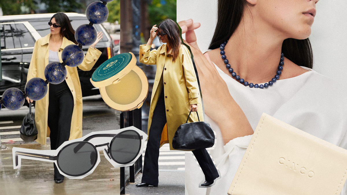 Stylish woman with a yellow coat, sunglasses, and jewelry showcasing back to work bag essentials.