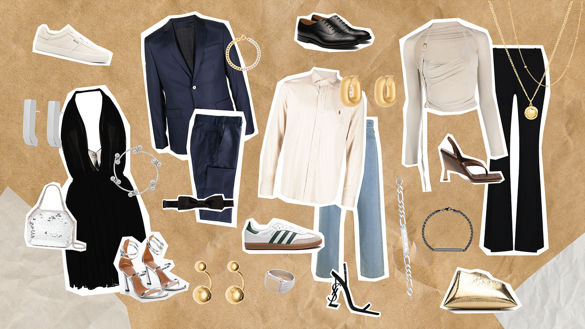 A collage of stylish bachelor party guest outfits including shoes, dresses, and accessories.