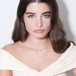 model wearing emerald and diamond 18k necklace