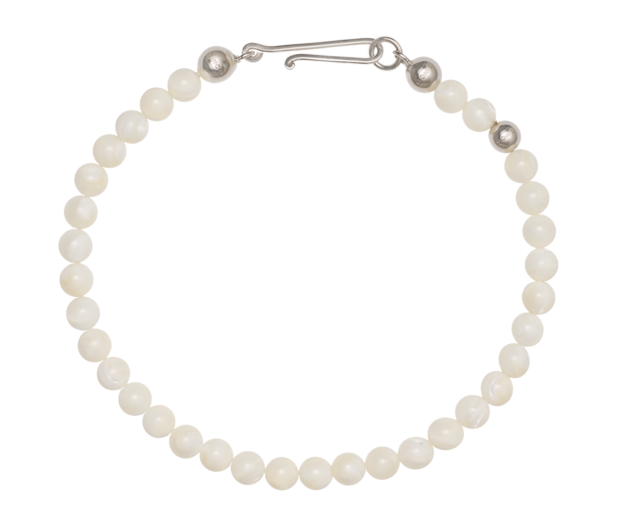 Pearl necklace with silver clasp on a white background