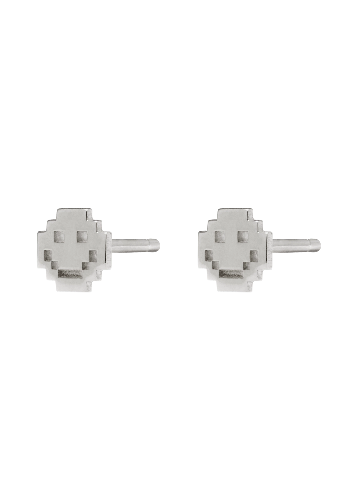 Pixelated smiley face earrings on a white background