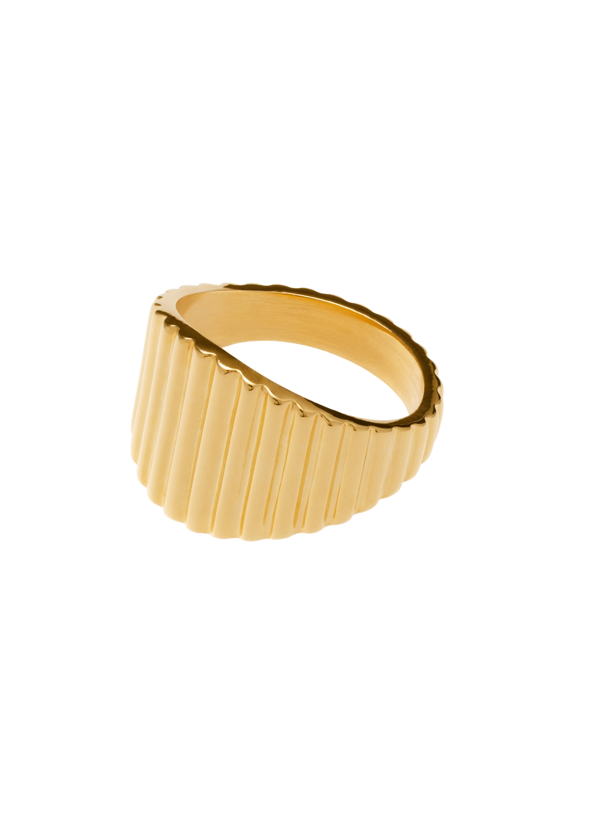 Textured fluted signet ring in polished gold finish with vertical grooves, showcasing light-catching design.
