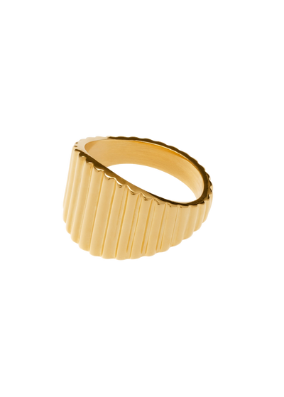 Textured fluted signet ring in polished gold finish with vertical grooves, showcasing light-catching design.